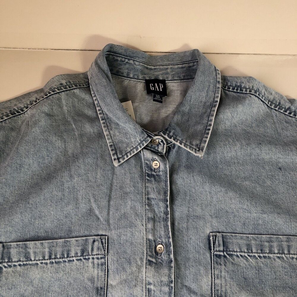 GAP Women’s Light Wash Denim SS Cropped Shirt Button Down Size XXL Tall NWT - Picture 8 of 16